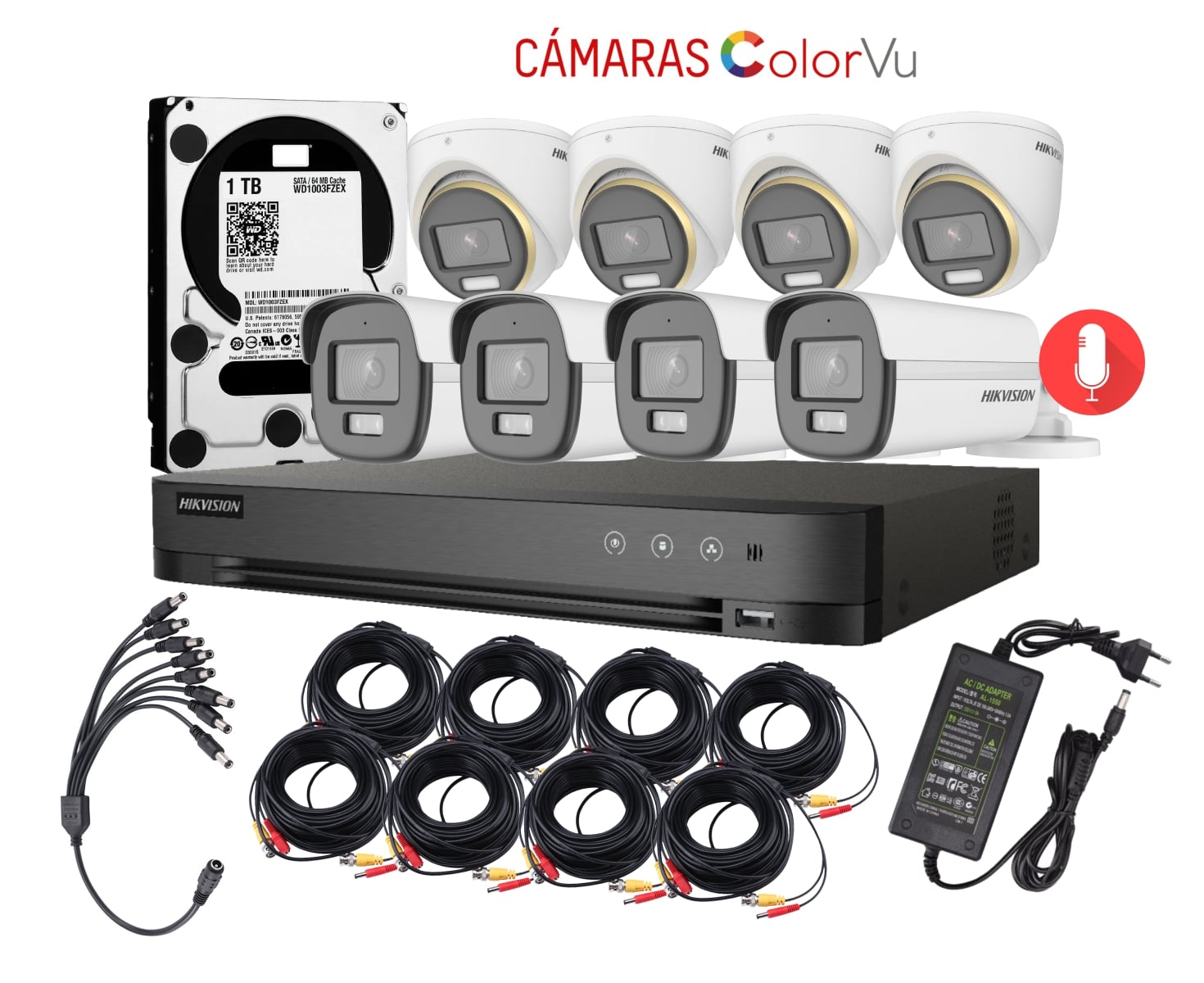 Kit de 8 Cámaras Dom/Bull Analógicas ColorVu Hikvision - Visión en Color de Noche y Audio Integrado
