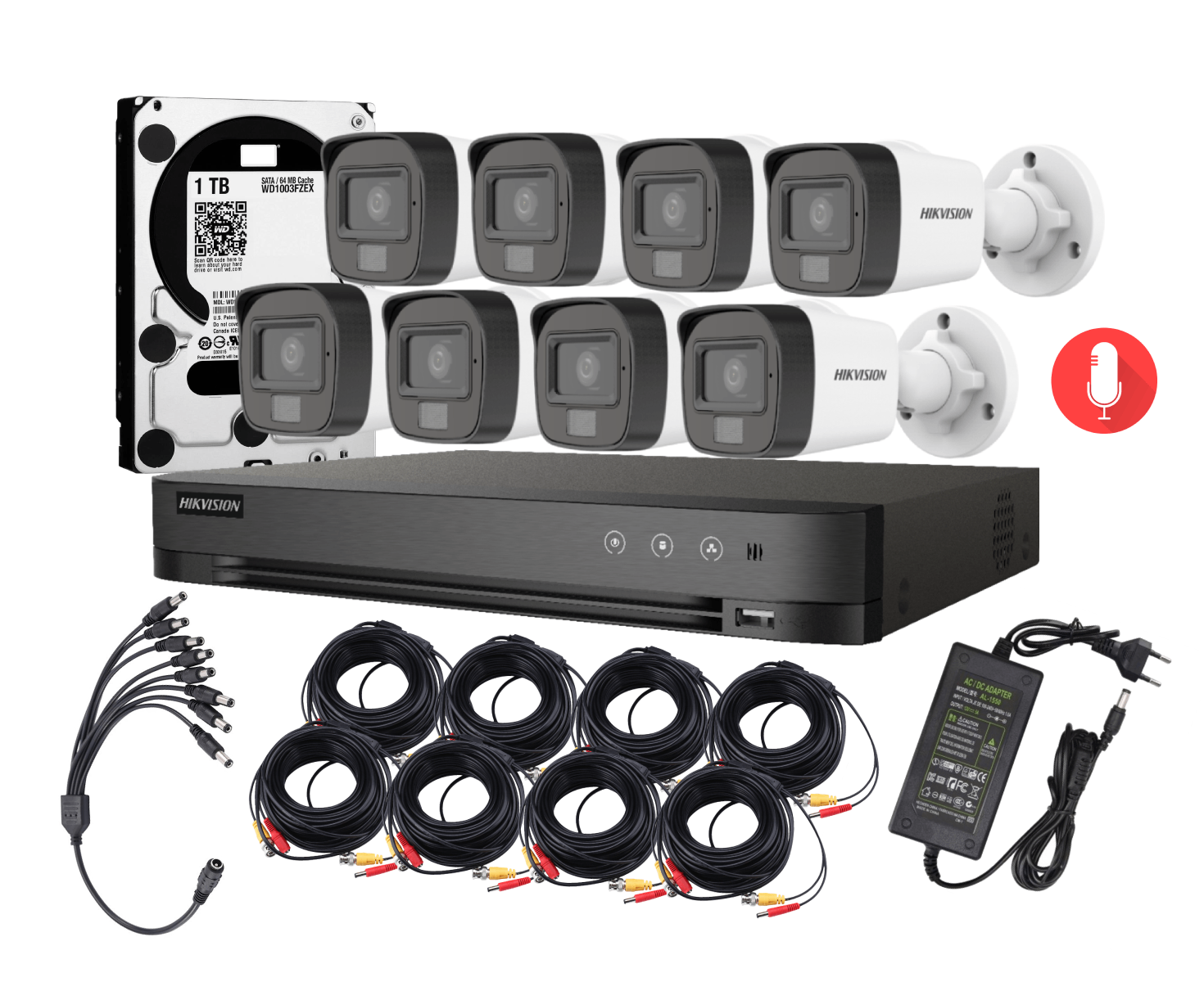 Kit 8 Cámaras Hikvision 1080p Lite Smart Dual Audio Light 8 Bala 1TB CABLES 6X15M 2X30M