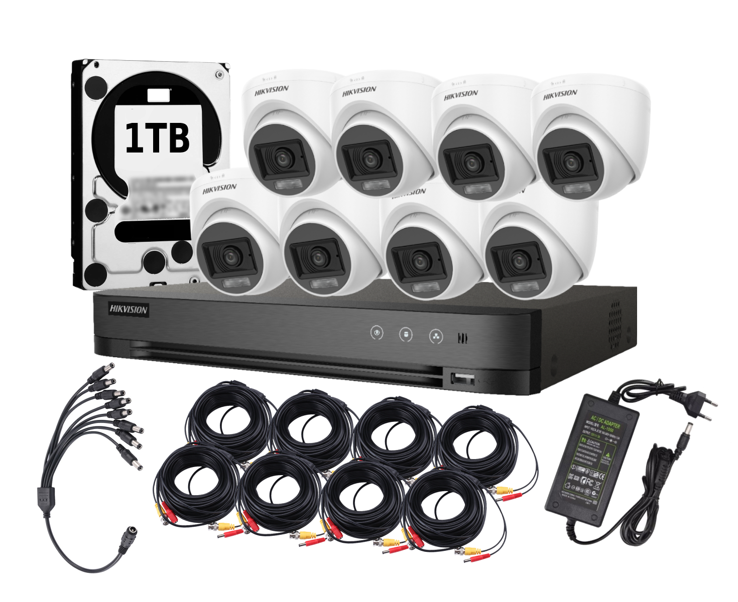 Kit 8 Cámaras Hikvision 1080p Lite Smart Dual Audio Light 8 Domo 1TB CABLES 6X15M 2X30M