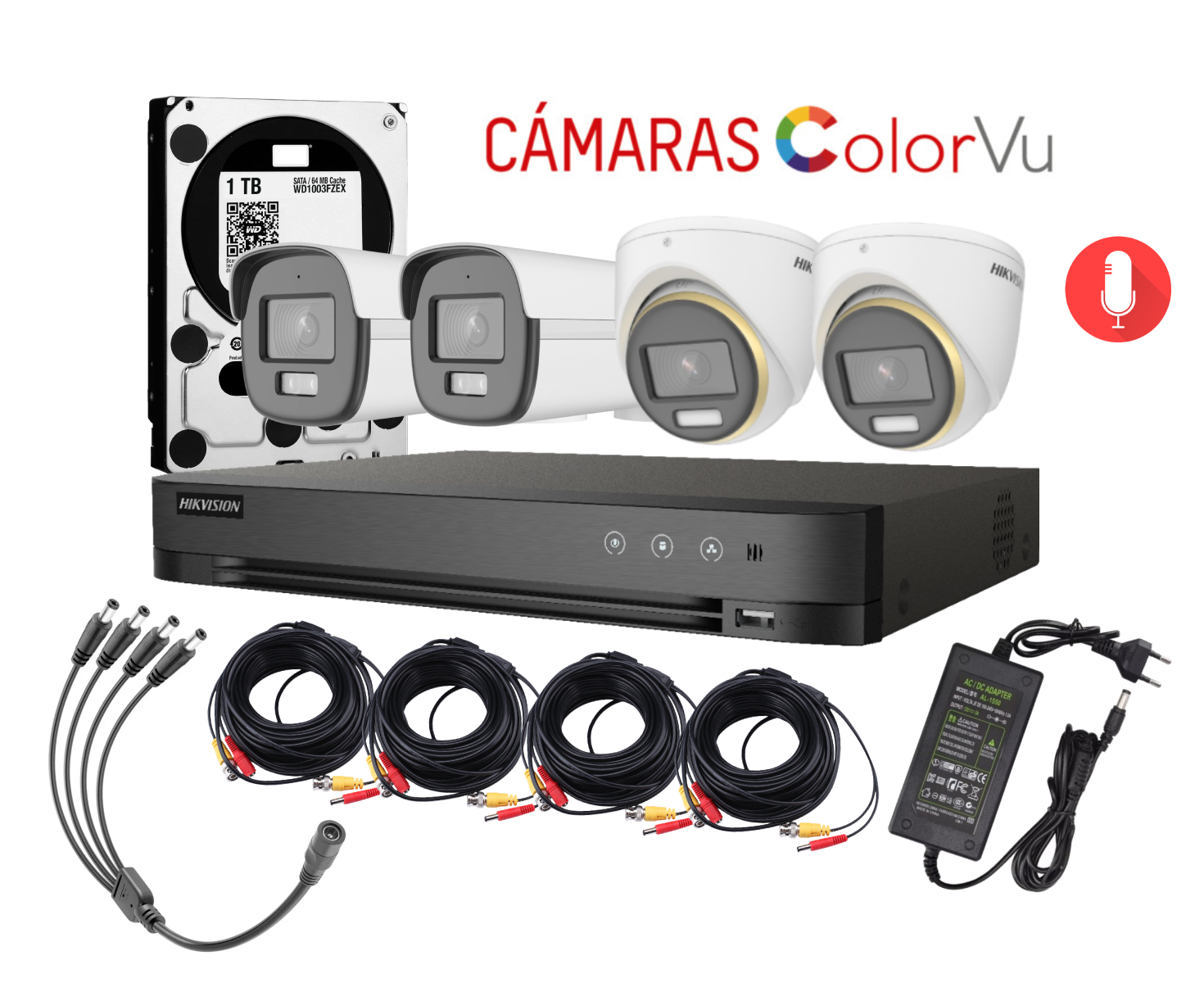 Kit de 4 Cámaras dom/bull Analógicas ColorVu Hikvision - Visión en Color de Noche y Audio Integrado